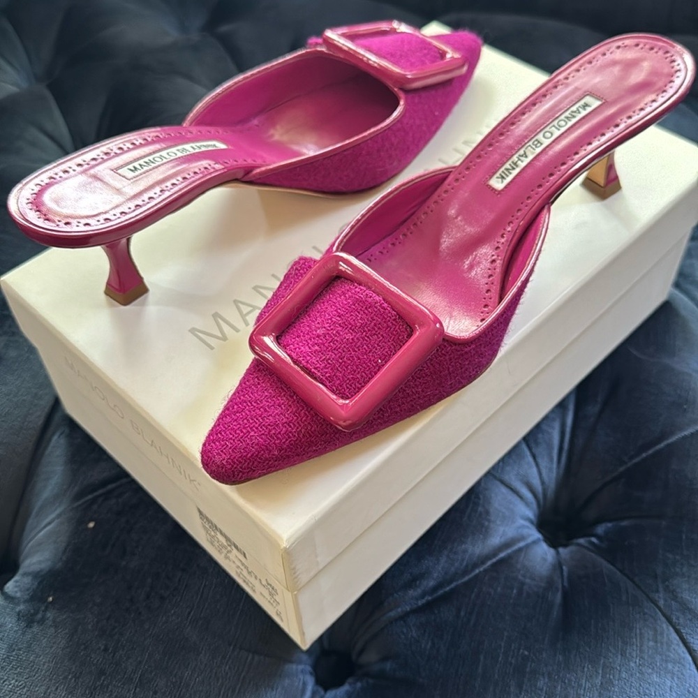 Manolo Blahnik 50mm Maysale Tweed Mules